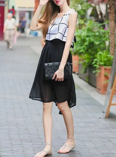 Women's Chiffon Dress - Sleeveless / Checkered Top / Lined / Rounded Neckline / Rear Bow